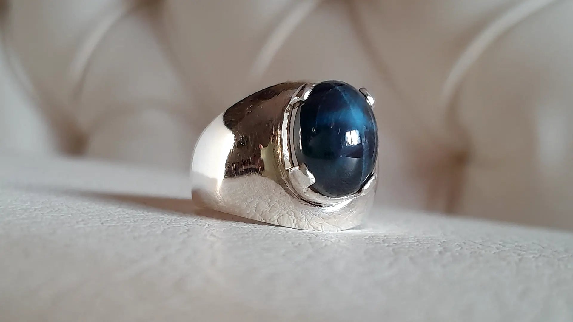 7 ct Blue Star Sapphire Ring, 925 Silver, Hand-Crafted by Beech Wylde